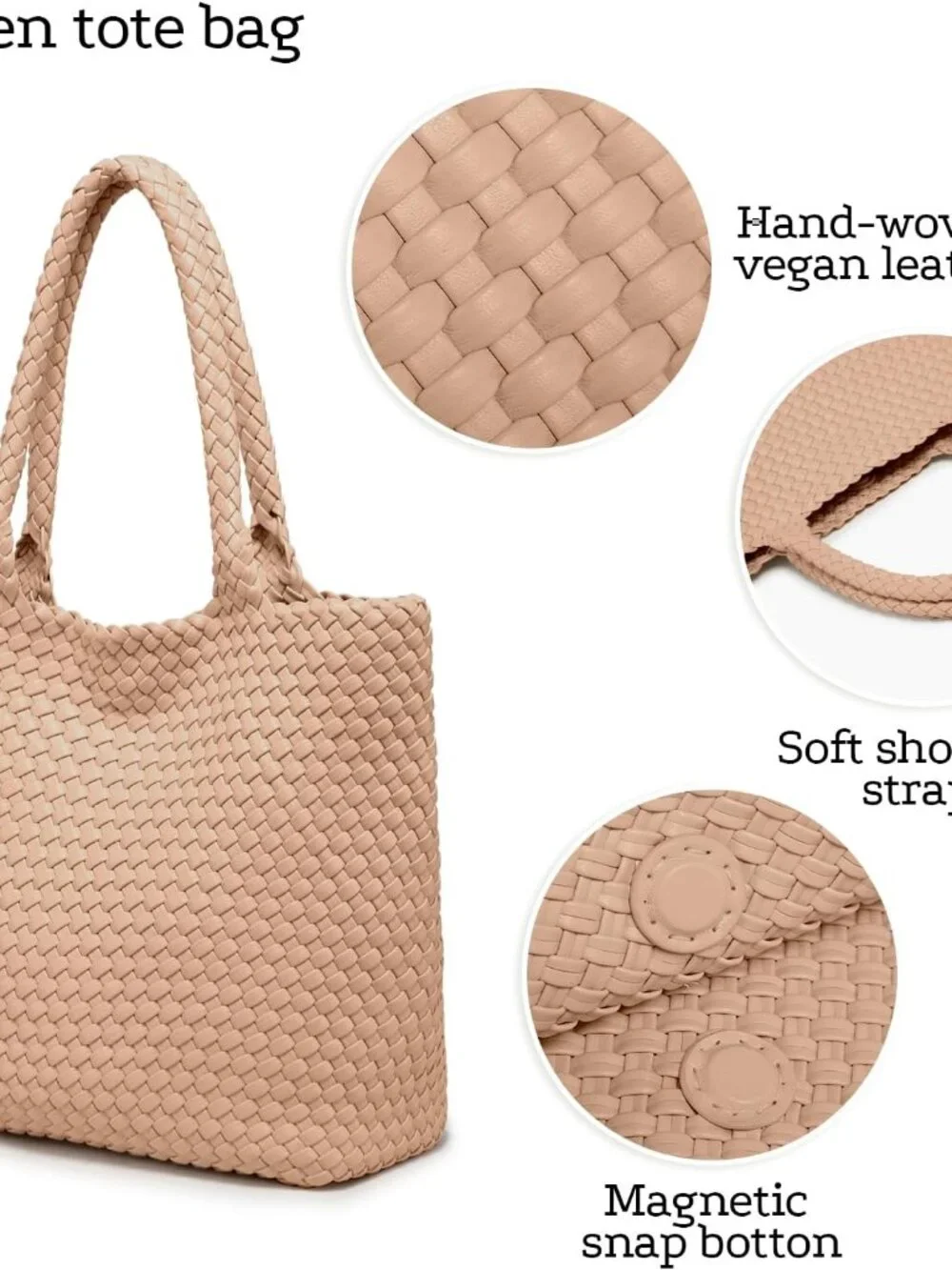 Woven Tote Bag for women,Vegan Leather Woven Satchel Handbag,Shoulder bag with P - Picture 8 of 8